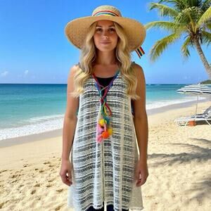 VTG 90s-Y2K Jaded Mesh Romper Swim Beach CoverUp White Rainbow Women XS Boho